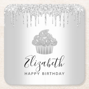 Silver cupcake glitter drips script name modern square paper coaster