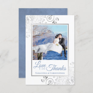 Silver Curls Blue on White Love & Thanks Wedding Thank You Card