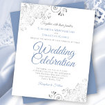 Silver Curls Blue & White BUDGET Wedding Invite<br><div class="desc">These affordable, budget friendly wedding invitations are the perfect choice for class, style, and beauty on a budget. The design features dusty blue and grey text on a classic white background with ornate silver grey curls and swirls in the corners. The typography includes fancy script lettering for a style that...</div>