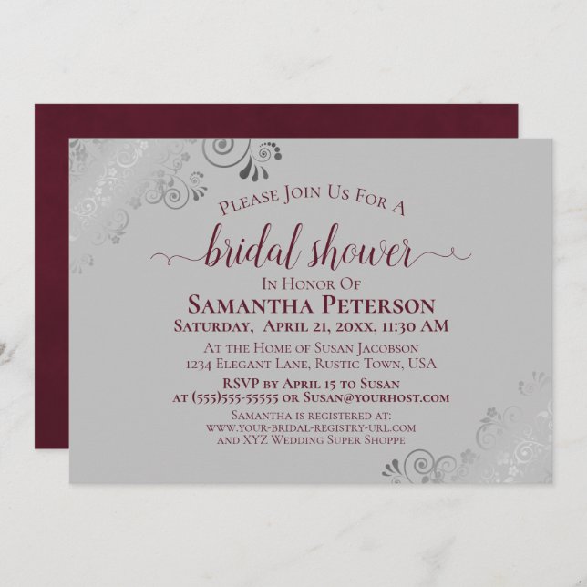 Silver Curls Burgundy & Grey Elegant Bridal Shower Invitation (Front/Back)