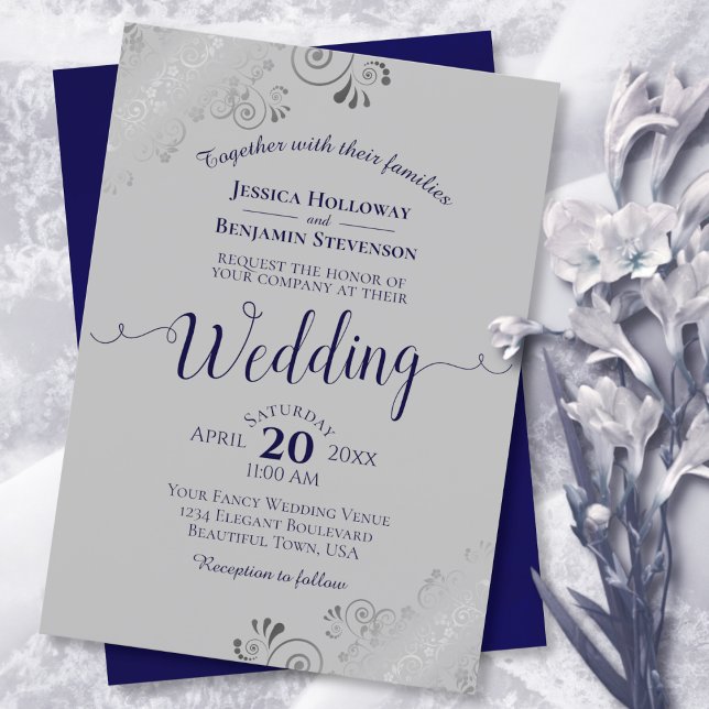 Silver Curls Elegant Navy Blue & Gray Wedding Invitation (Creator Uploaded)
