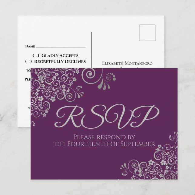 Silver Curls Elegant Plum Purple Wedding RSVP Postcard (Front/Back)