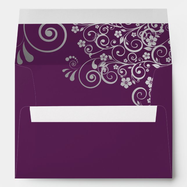 Silver Curls on Plum Purple Elegant Wedding Envelope (Back (Bottom))
