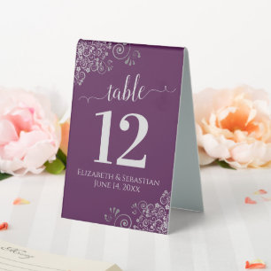 Silver Curls Plum Purple Wedding Table Number