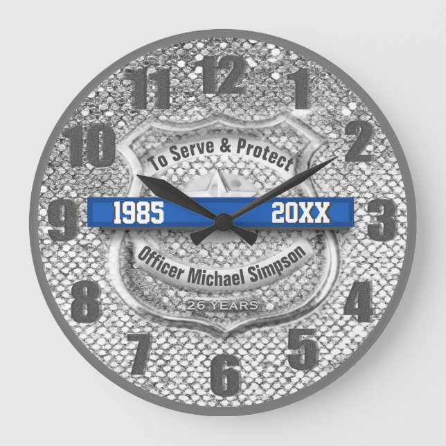 Silver Custom Blue Line Police Officer Retirement Large Clock (Front)