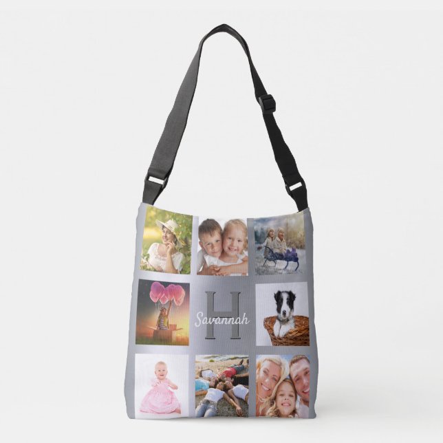 Silver custom photo collage monogram name crossbody bag (Front)