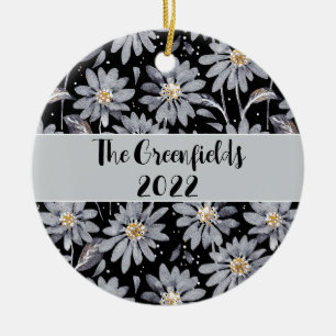 Silver Daisies on Black Custom Holiday   Ceramic Ornament