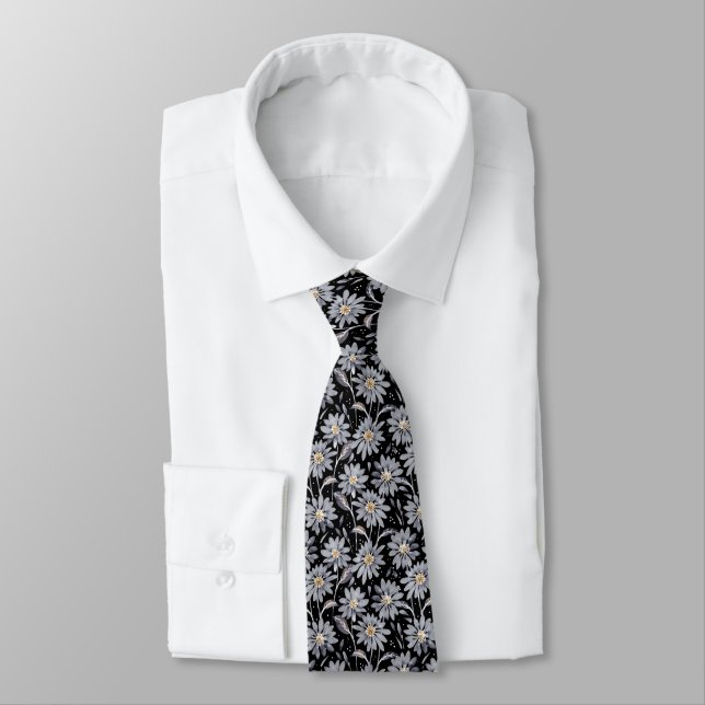 Silver Daisies on Black Designer Tie (Tied)