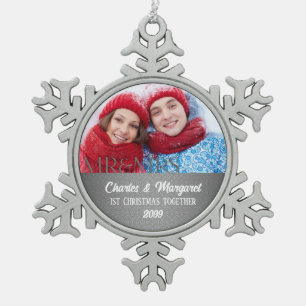 Silver Damask 1st Christmas Together Photo Snowflake Pewter Christmas Ornament
