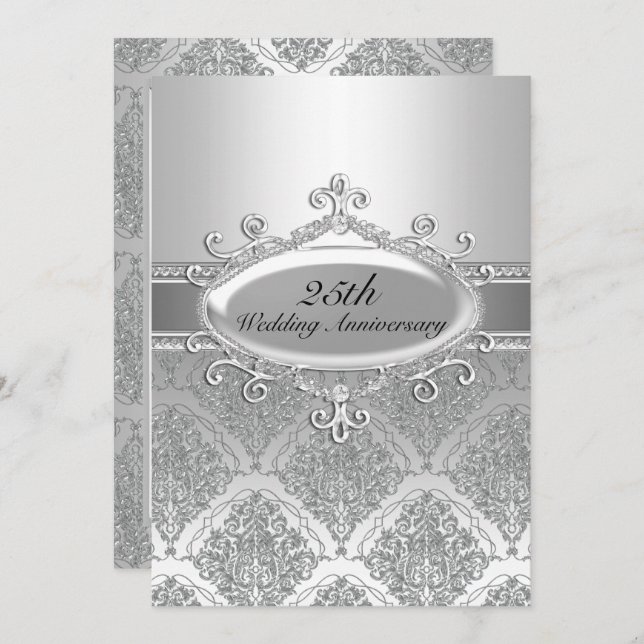 Silver Damask 25th Wedding Anniversary Invite (Front/Back)