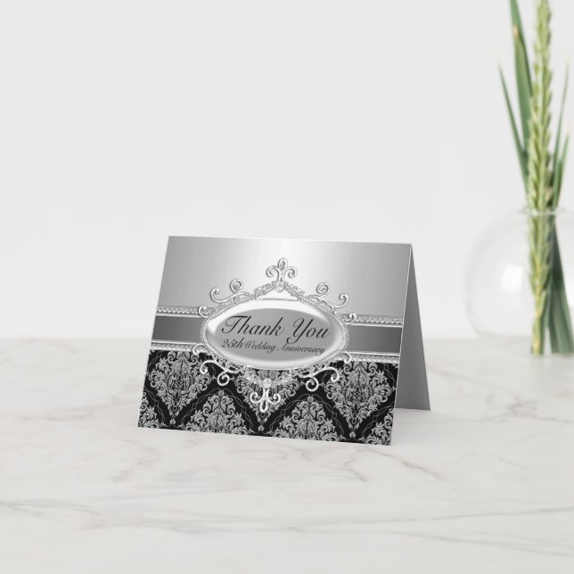 Silver Damask 25th Wedding Anniversary Thank You Card (Front)