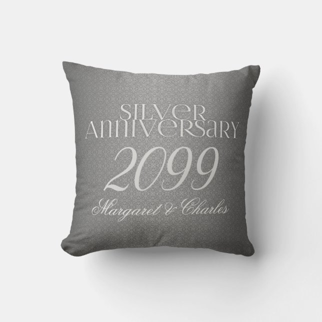 Silver Damask 25th Wedding Annivsersary Photo Cushion (Front)