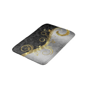 Silver Damask And Black Damask Bath Mat