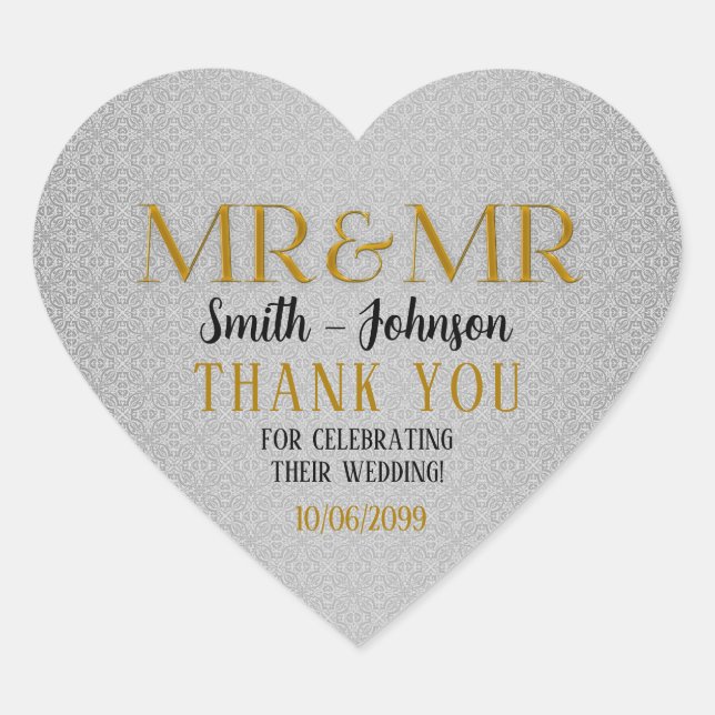 Silver Damask and Gold Mr & Mr Gay Wedding Heart Sticker (Front)