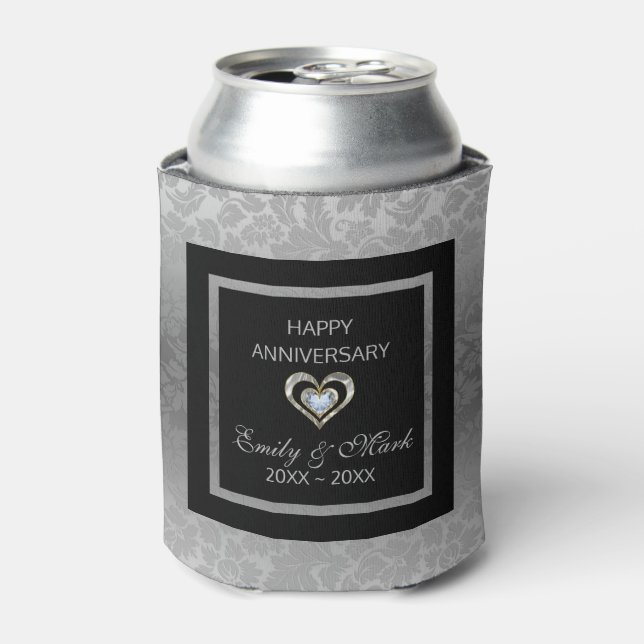 Silver Damask And Hearts- Wedding Anniversary Can Cooler (Can Front)