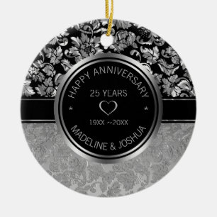 Silver Damask And Silver- Black Hearts Ceramic Orn Ornament
