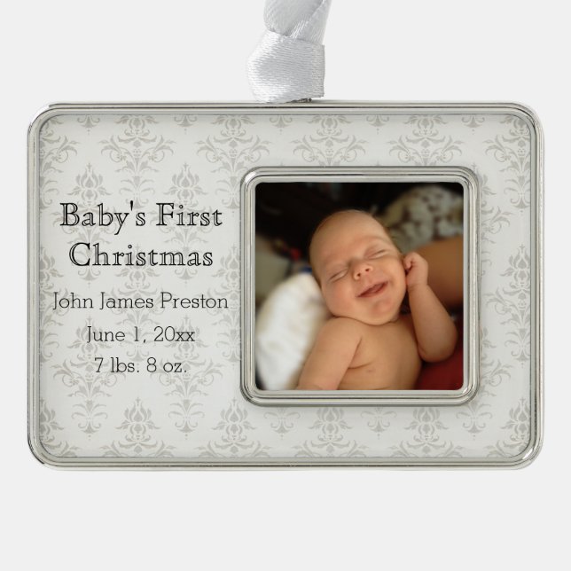 Silver Damask Baby's First Christmas Plated Framed Ornament (Front)