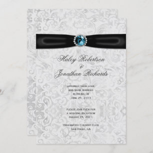 Silver Damask Black Ribbon Blue Jewel Post Wedding Invitation