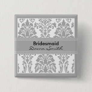 Silver Damask Bridal Party - Bridesmaid 15 Cm Square Badge