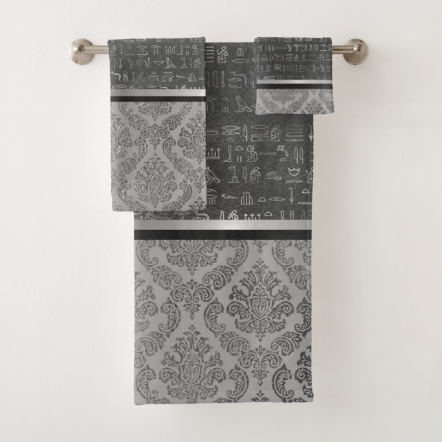 Silver Damask Egyptian Hieroglyphs  Bath Towel Set (Insitu)