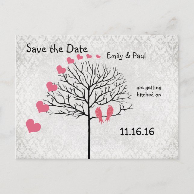 Silver Damask Honeysuckle Birds Save the Date Announcement Postcard (Front)