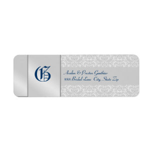 Silver Damask Monogram Blue Wedding Address Label Return Address Label
