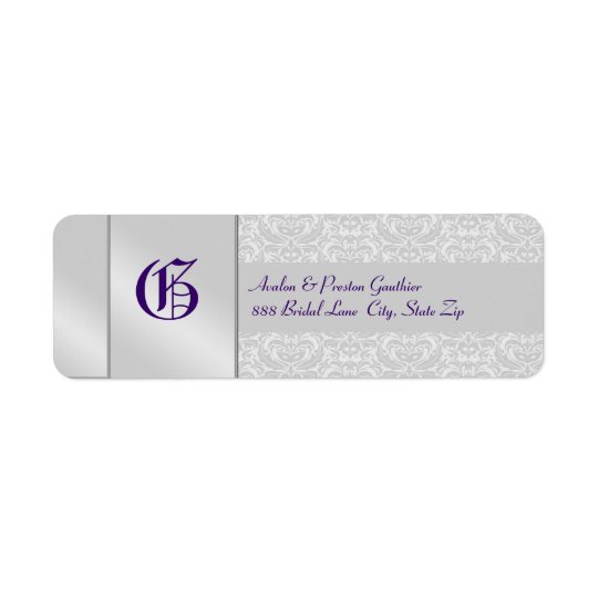 Silver Damask Monogram Purple Wedding Label Return Address Label