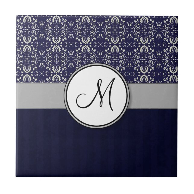 Silver Damask on Blue with Stripes and Monogram Ceramic Tile (Front)
