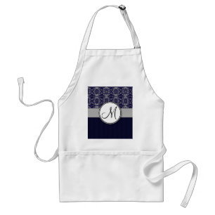 Silver Damask on Blue with Stripes and Monogram Standard Apron