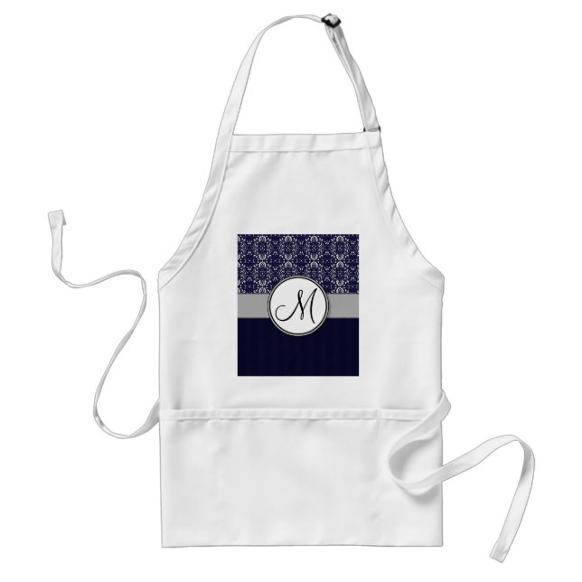 Silver Damask on Blue with Stripes and Monogram Standard Apron (Front)