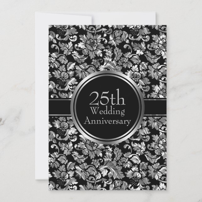 Silver Damask Over Black Background Invitation (Front)