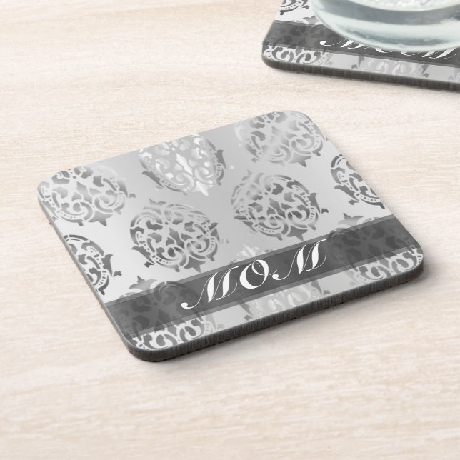 Silver damask personalised mum coaster (Left Side)
