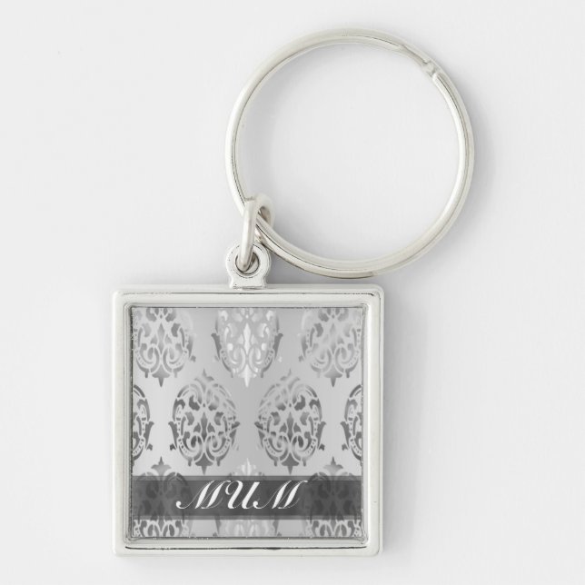 Silver damask personalised mum key ring (Front)