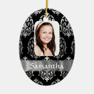 Silver damask photo template ceramic ornament