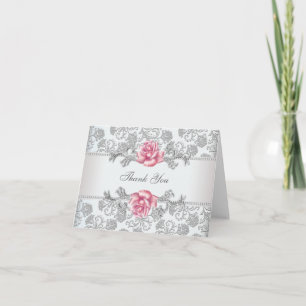 Silver Damask Pink Rose Thank You Card