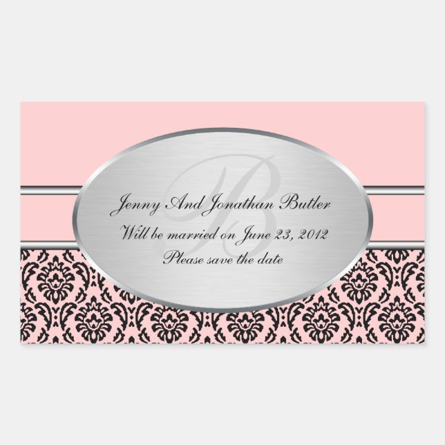 Silver Damask Save The Date Stickers (Front)