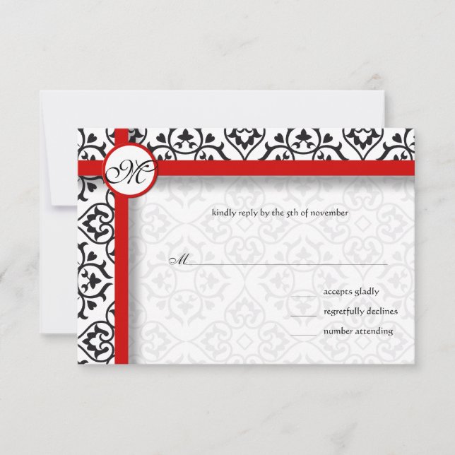 Silver Damask Side Borders Red Trim Wedding RSVP Card (Front)