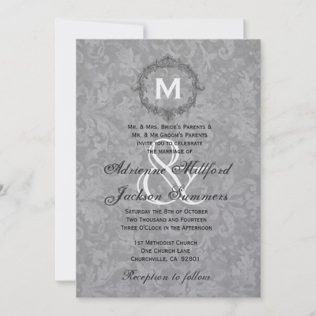 Silver Damask Vintage Frame Wedding Metallic Invitation (Front)