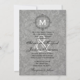 Silver Damask Vintage Frame Wedding Metallic Invitation