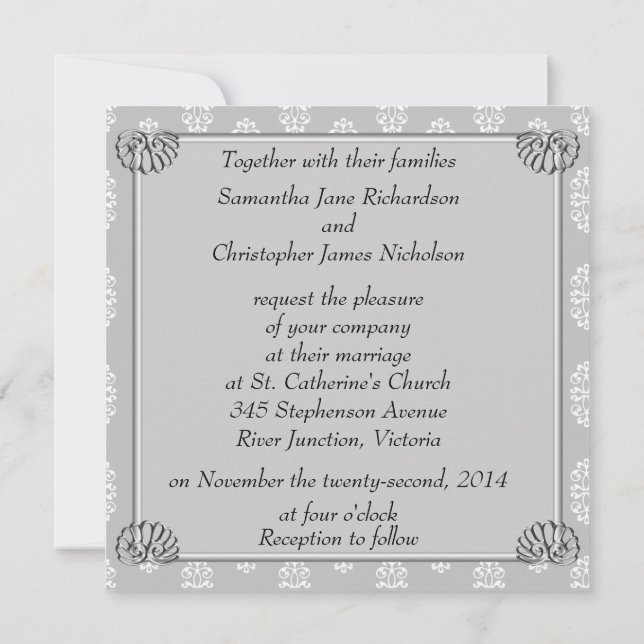 Silver Damask Wedding Invitation (Back)
