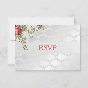 Silver Damask Wedding RSVP Floral Card
