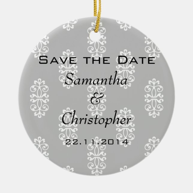 Silver Damask Wedding Save the Date Ceramic Tree Decoration (Front)
