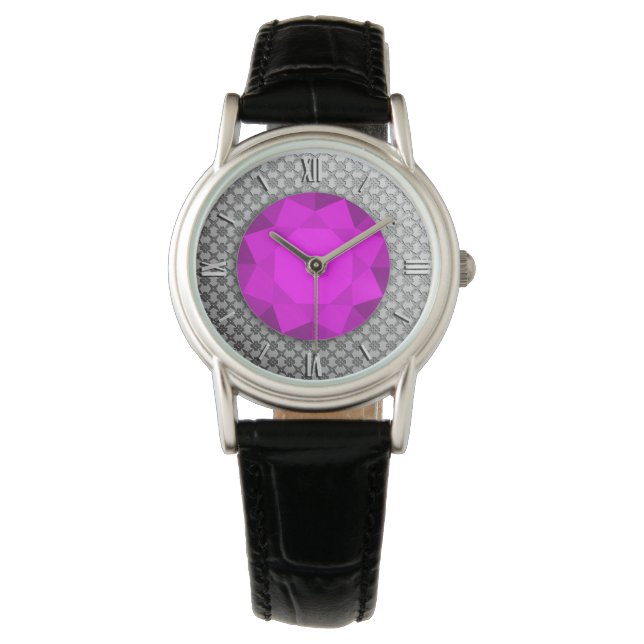Silver Damask with a faux amethyst gemstone Watch (Front)