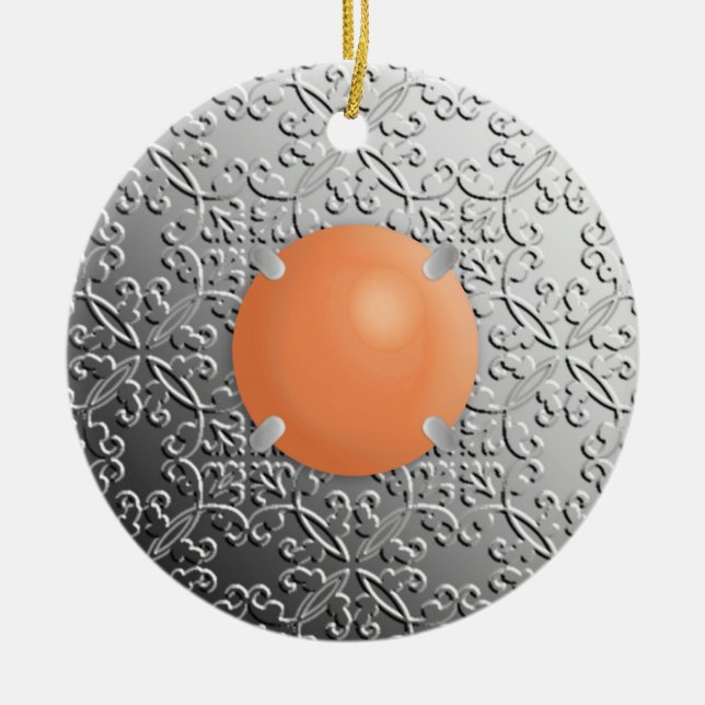 Silver Damask with a faux coral gemstone Ceramic Tree Decoration (Front)