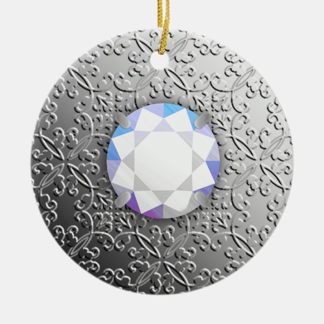 Silver Damask with a faux diamond gemstone Ceramic Ornament (Front)