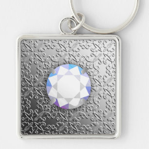Silver Damask with a faux diamond gemstone Key Ring