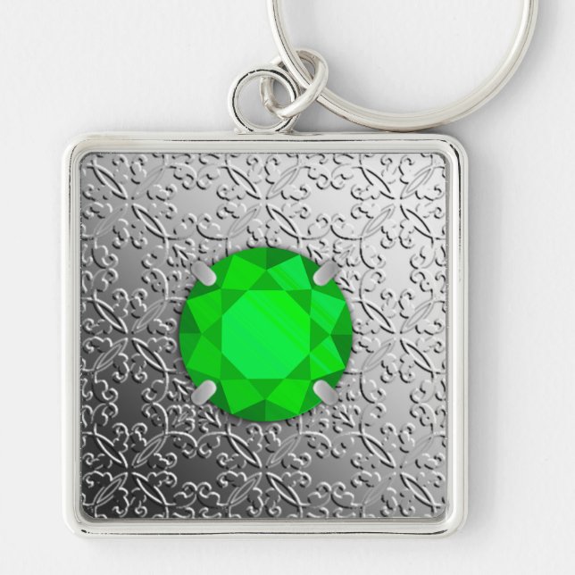 Silver Damask with a faux emerald gemstone Key Ring (Front)
