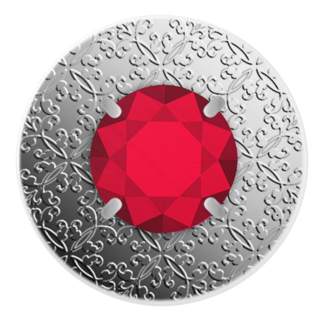 Silver Damask with a faux garnet gemstone Ceramic Knob (Front)