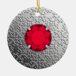 Silver Damask with a faux garnet gemstone Ceramic Ornament