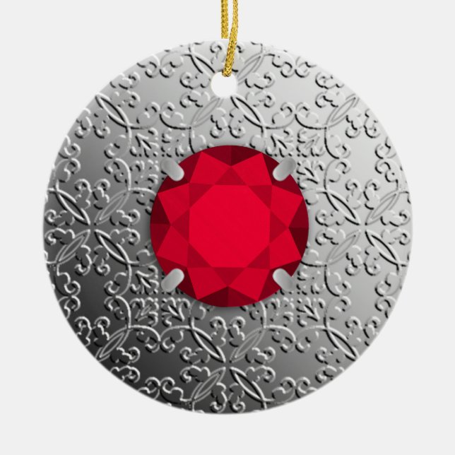 Silver Damask with a faux garnet gemstone Ceramic Ornament (Front)